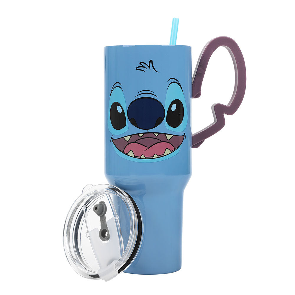 Blue tumbler with Stitch cartoon character face.