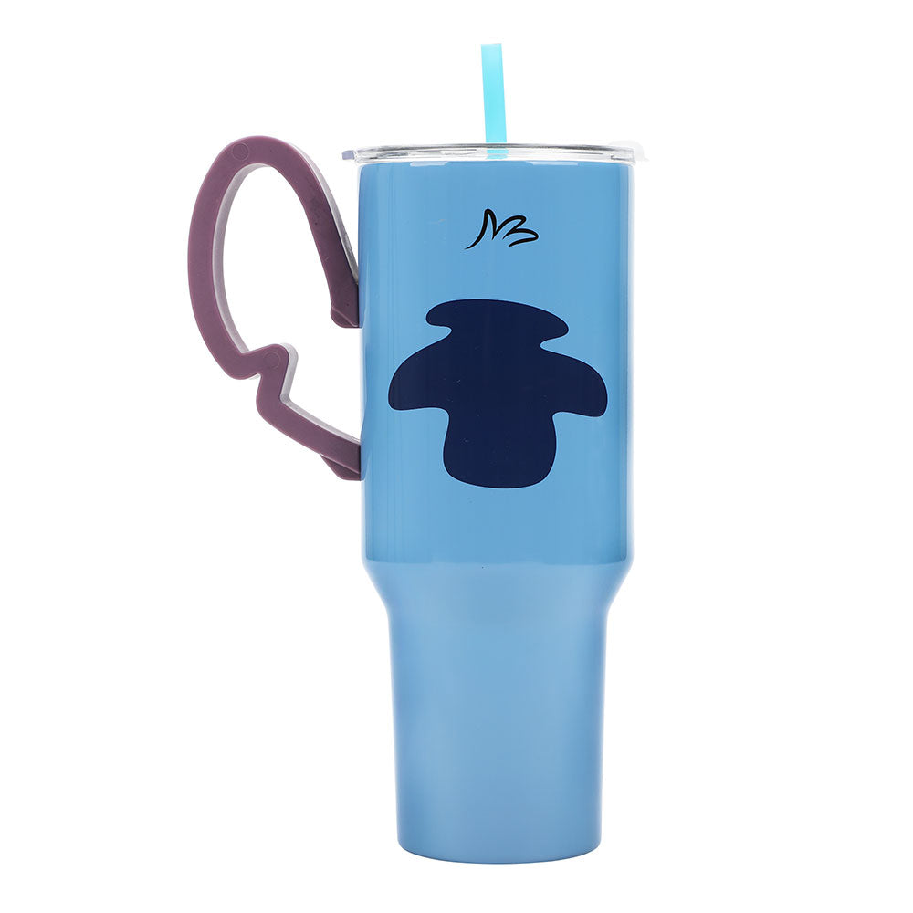 Blue tumbler with a purple handle and straw on a white background
