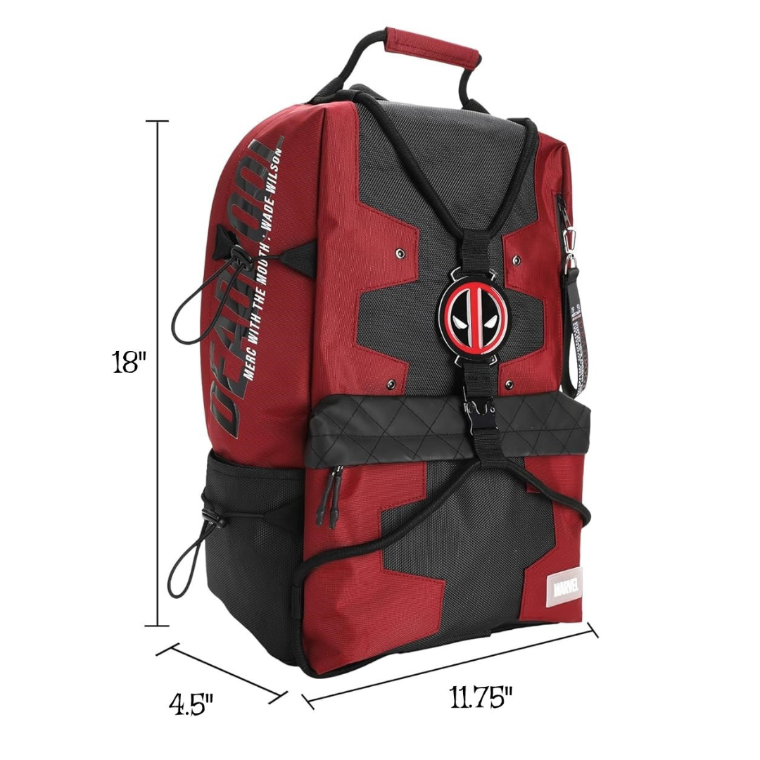 Bioworld Marvel Deadpool Suit Up Character 18” Backpack 18 inches by 4.5 inches by 11.75 inches.