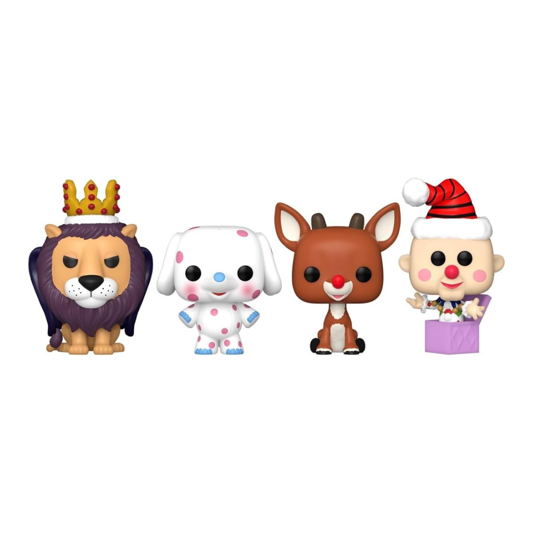 Pocket Pop! Rudolph, Pocket Pop! Misfit Elephant, Pocket Pop! Charlie in the Box, and Pocket Pop! King Moonracer. 