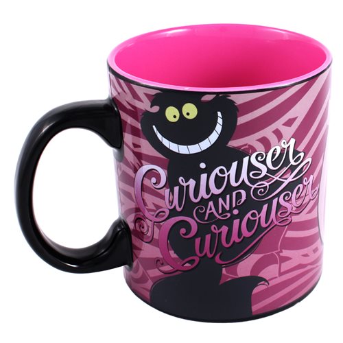 Alice in Wonderland Cheshire Cat 20 oz. Heat-Reveal Mug Back featuring the words Curiouser and Curiouser revealing Cheshire Cat.