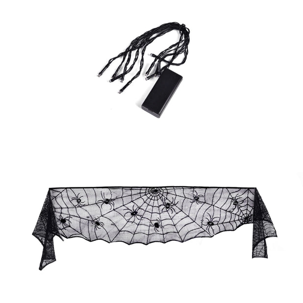 Halloween Spider Web Lace Table or Mantle Cover with 8.4 Feet of 10 String Lights