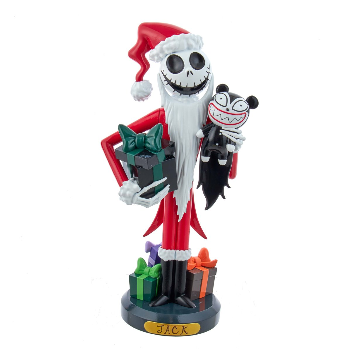 This 10-Inch Disney Nightmare Before Christmas Jack Skellington Nutcracker from Kurt Adler is a fun and festive addition to any holiday décor or nutcracker collection. Featured wearing his "Sandy Claws" outfit and holding Vampire, Jack Skellington is ready to take over Christmas with presents for his friends in Halloween Town!